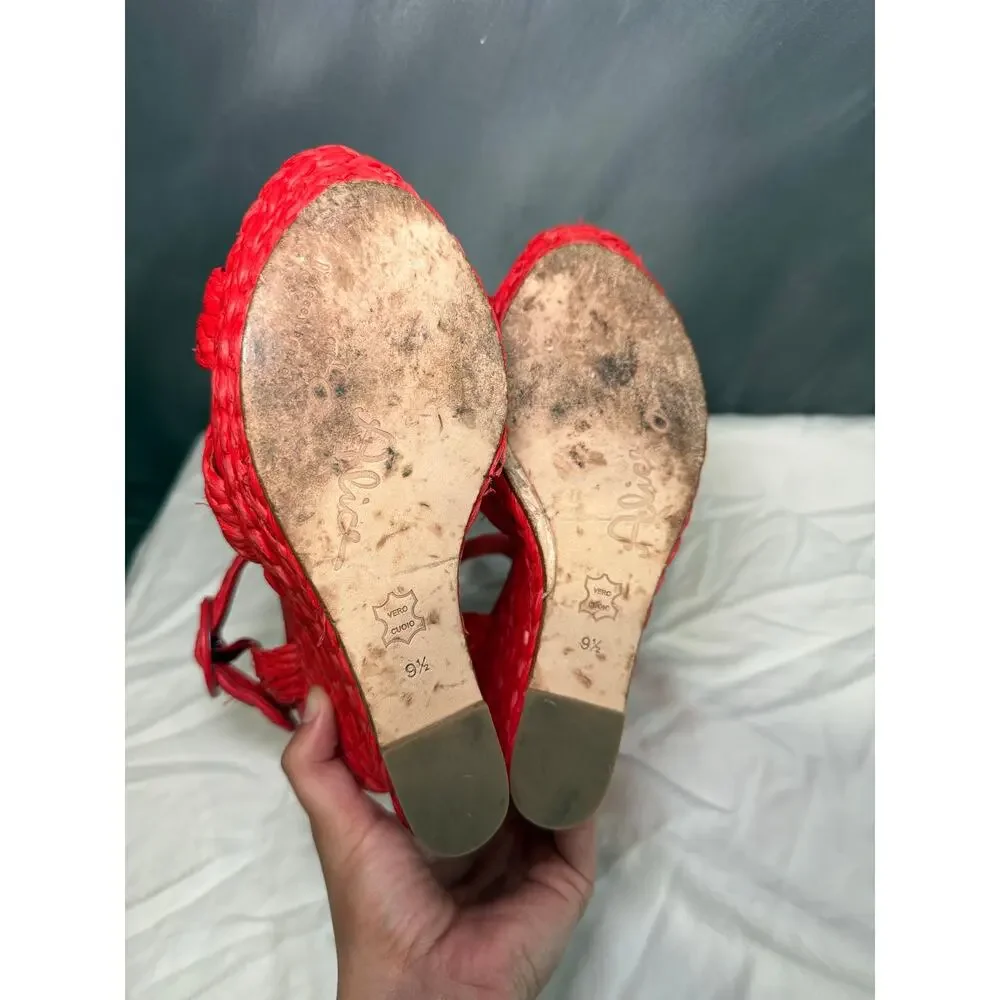 Alice + Olivia Josiey Bright Poppy Raffia Platform Wedge Sandals Summer 9.5